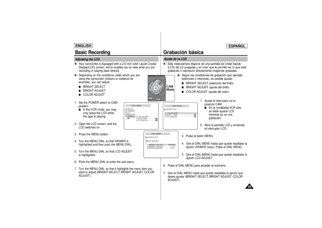 Samsung SCD180 manual Adjusting the LCD Ajuste de la LCD, Cam, Mode 