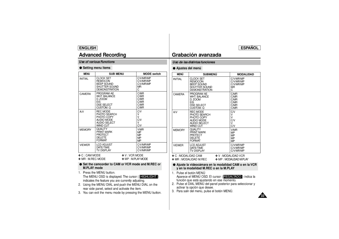 Samsung SCD180 manual Grabación avanzada, Advanced Recording, Use of various Functions, Setting menu items Ajustes del menú 