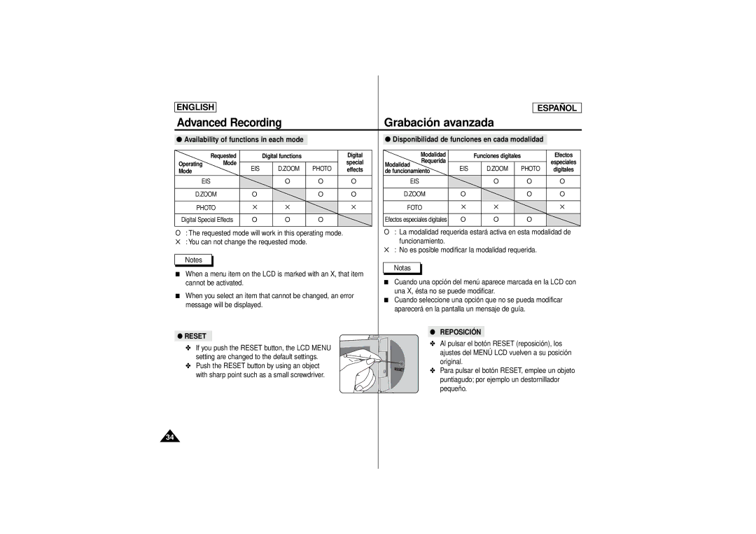 Samsung SCD180 manual Reset Reposición 