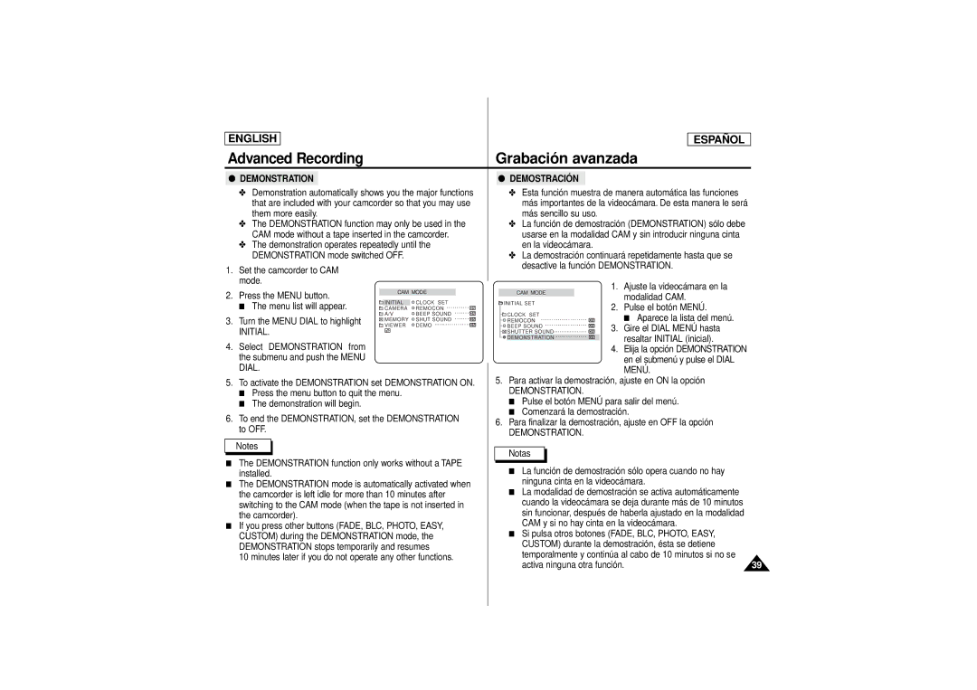 Samsung SCD180 manual Demonstration Demostración, Initial 