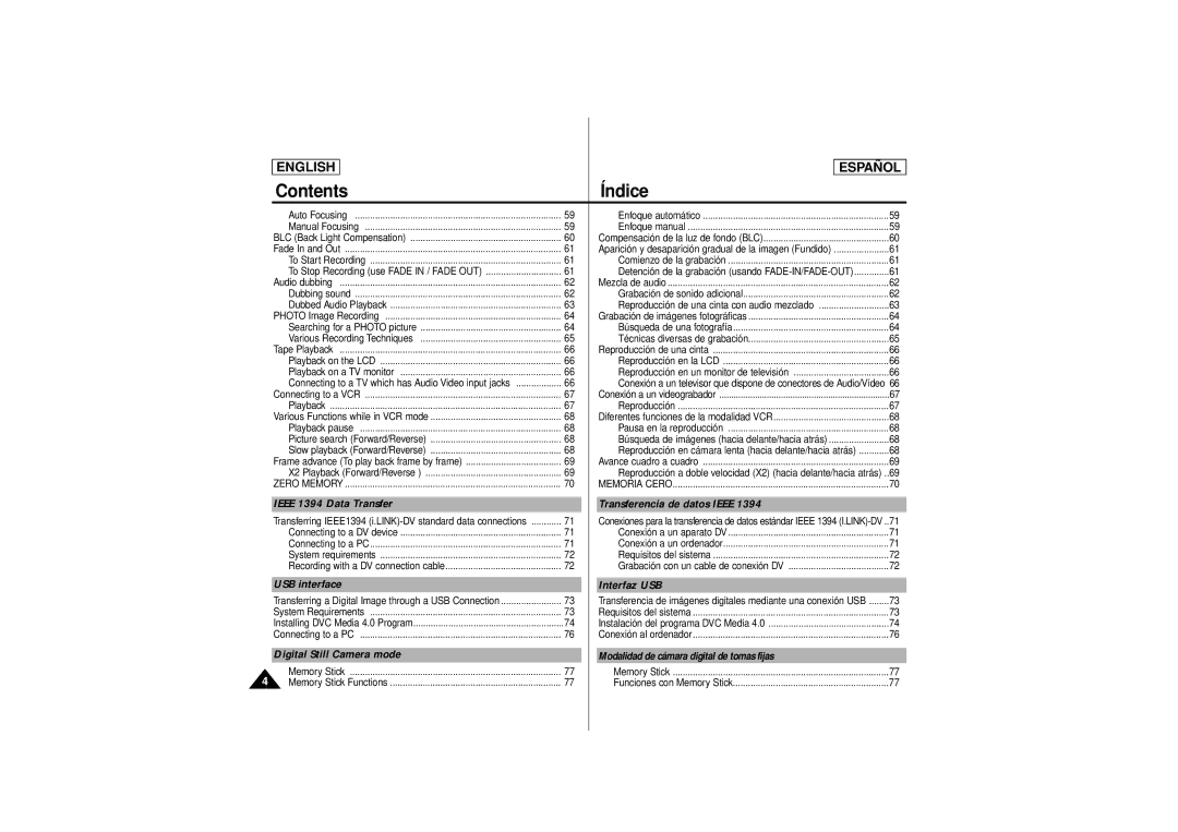 Samsung SCD180 Ieee 1394 Data Transfer Transferencia de datos Ieee, USB interface Interfaz USB, Digital Still Camera mode 