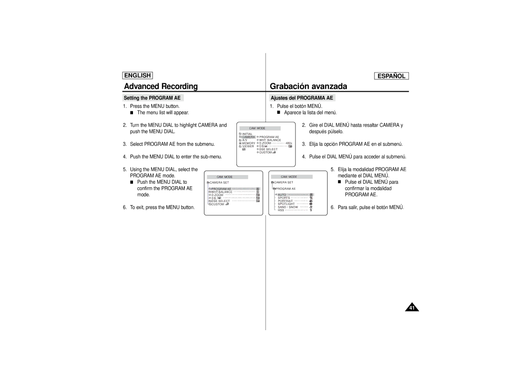 Samsung SCD180 manual Setting the Program AE Ajustes del Programa AE, Select Program AE from the submenu 