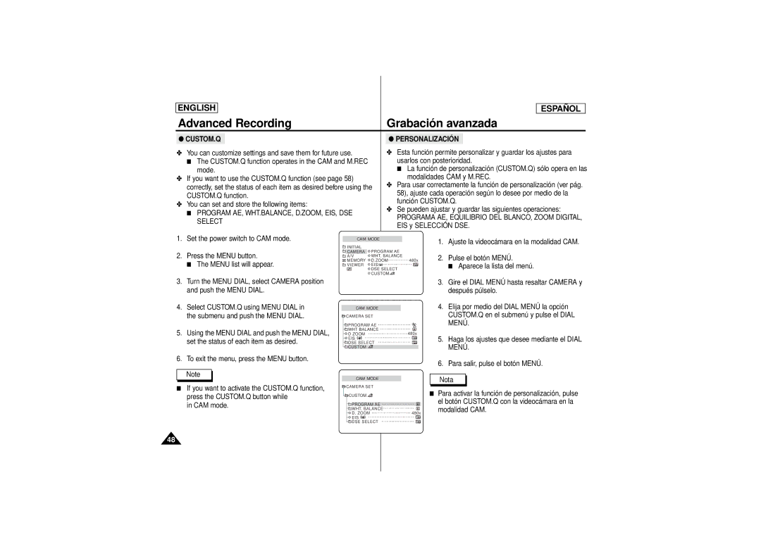 Samsung SCD180 manual Advanced Recording Grabación avanzada, Program AE, WHT.BALANCE, D.ZOOM, EIS, DSE, Select 