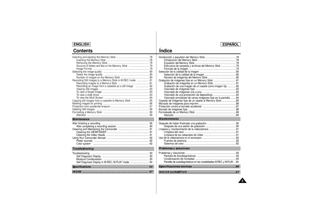 Samsung SCD180 manual Maintenance Mantenimiento, Troubleshooting Problemas y soluciones, Index 