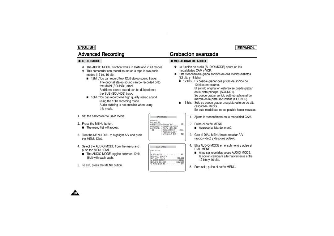 Samsung SCD180 La función de audio Audio Mode opera en las, Modalidades CAM y VCR, Bitas en estéreo, Main SOUND1 track 