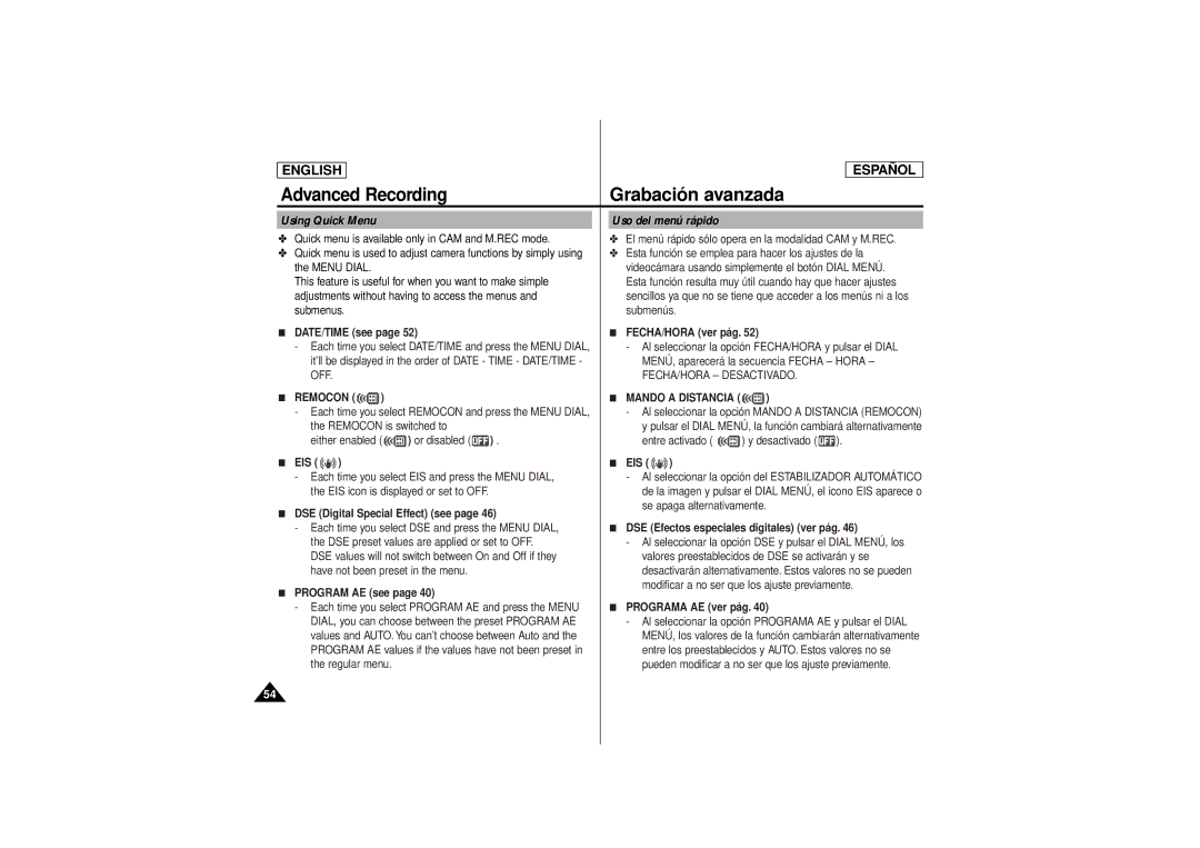 Samsung SCD180 manual Uso del menú rápido, Eis 