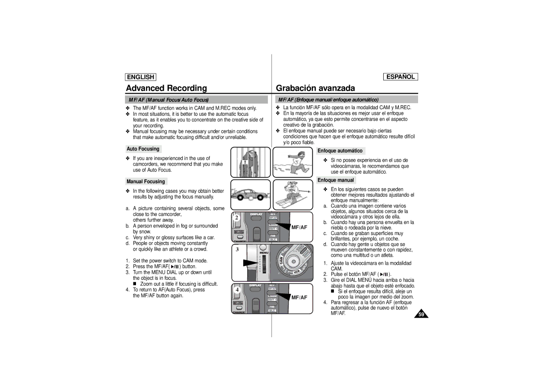 Samsung SCD180 Advanced Recording, MF/AF Manual Focus/Auto Focus, MF/AF Enfoque manual/enfoque automático 