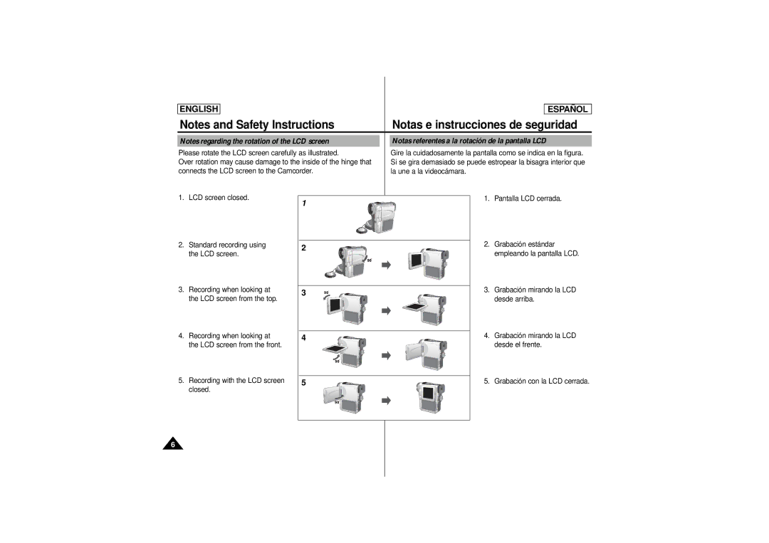 Samsung SCD180 manual Notas e instrucciones de seguridad, Notas referentes a la rotación de la pantalla LCD, Closed 