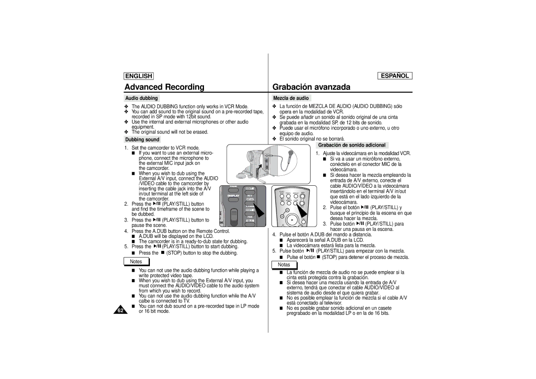 Samsung SCD180 manual Audio dubbing Mezcla de audio, Dubbing sound, Grabación de sonido adicional 