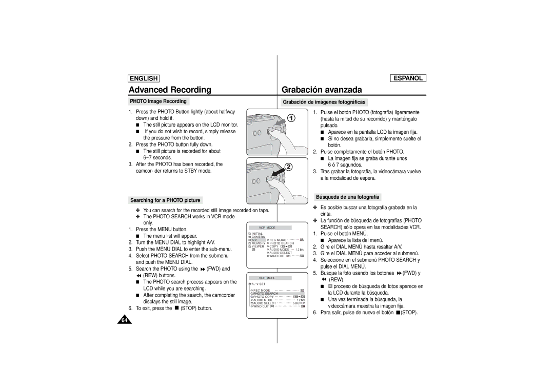 Samsung SCD180 manual Photo Image Recording Grabación de imágenes fotográficas 