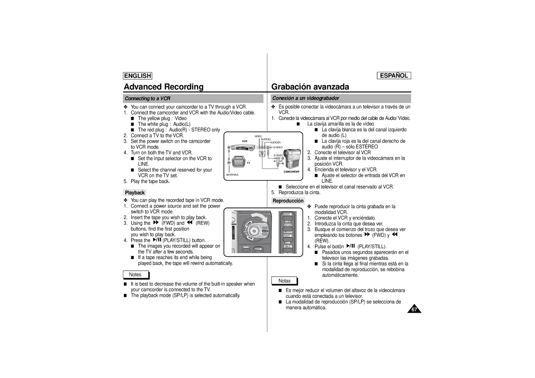 Samsung SCD180 manual Connecting to a VCR Conexión a un videograbador, Playback, Reproducción 