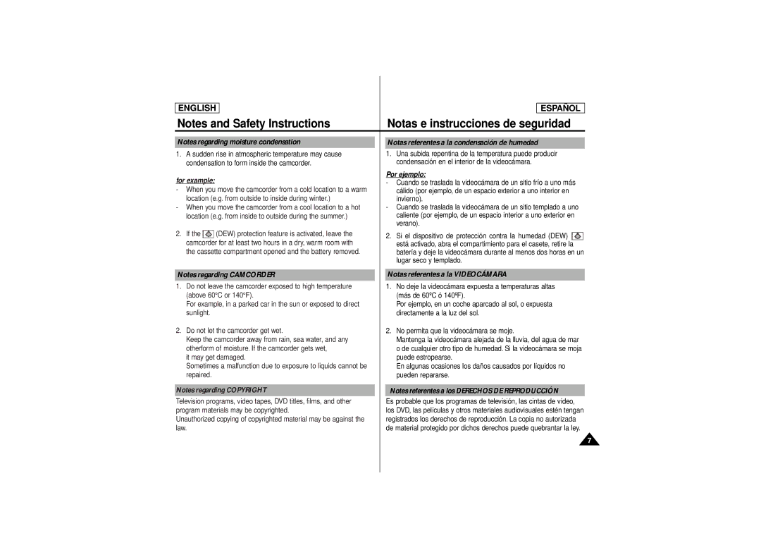 Samsung SCD180 manual Notas referentes a la condensación de humedad, Notas referentes a la Videocámara 