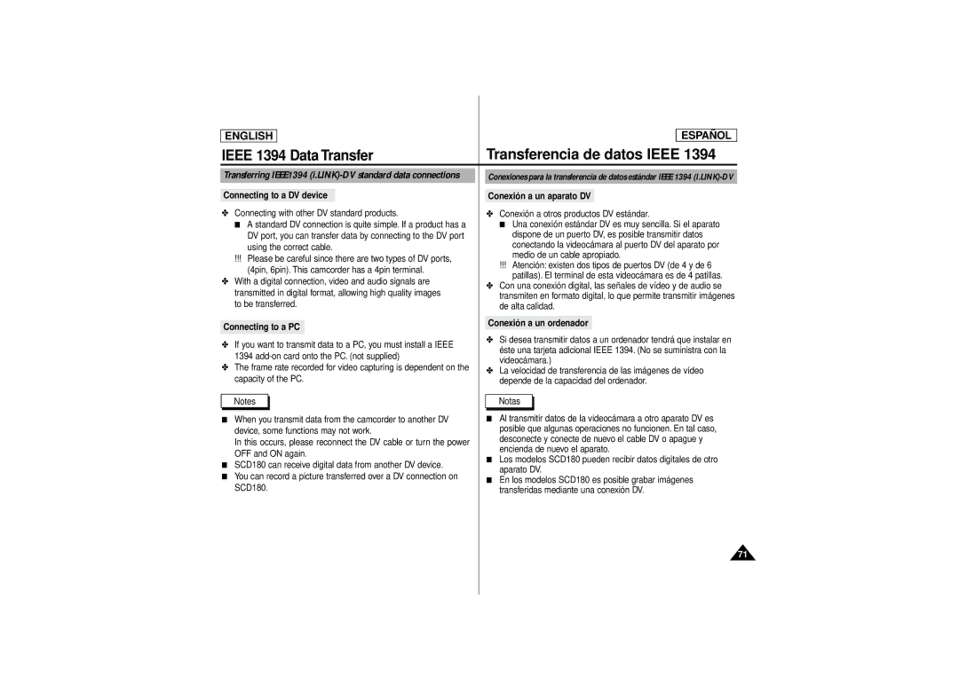 Samsung SCD180 manual Transferencia de datos Ieee, Ieee 1394 Data Transfer, Connecting to a DV device, Connecting to a PC 