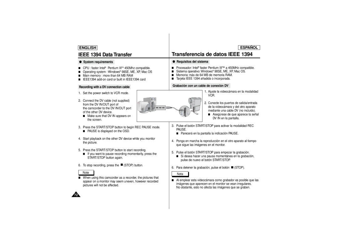 Samsung SCD180 manual System requirements Requisitos del sistema, Pause 