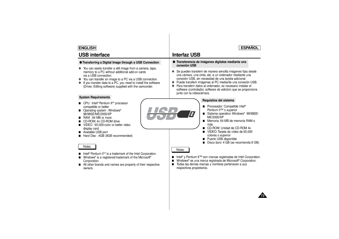 Samsung SCD180 manual USB interface Interfaz USB, Conexión USB 