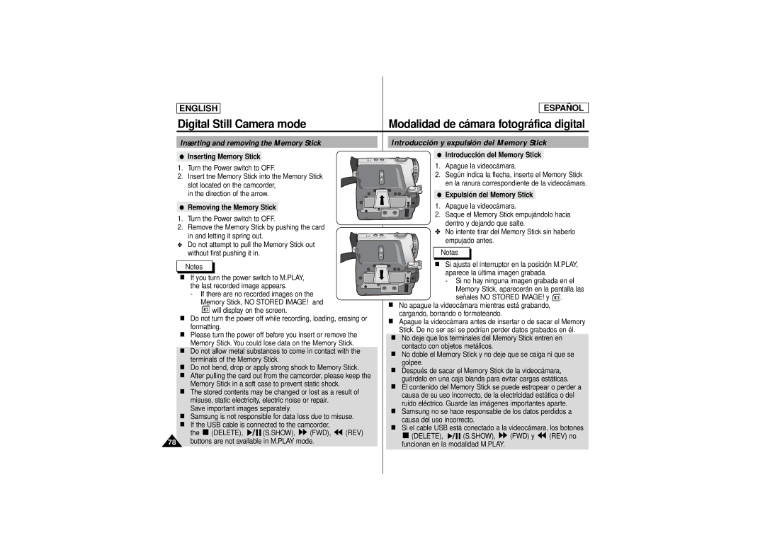 Samsung SCD180 Inserting Memory Stick Introducción del Memory Stick, Expulsión del Memory Stick Removing the Memory Stick 
