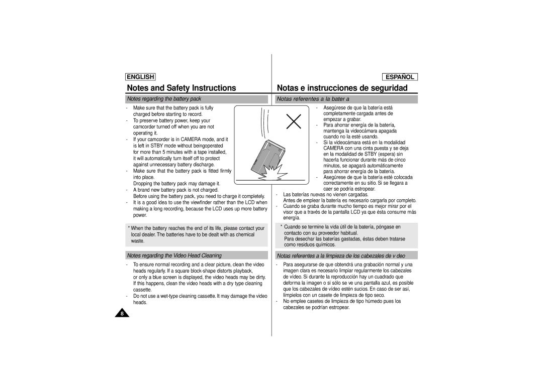 Samsung SCD180 manual Las baterías nuevas no vienen cargadas, Power Energía, Contacto con su proveedor habitual, Cassette 