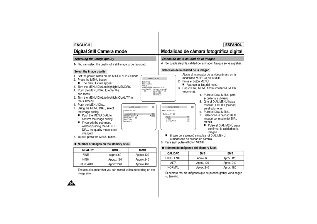 Samsung SCD180 manual Quality, Calidad 8MB, 16MB 