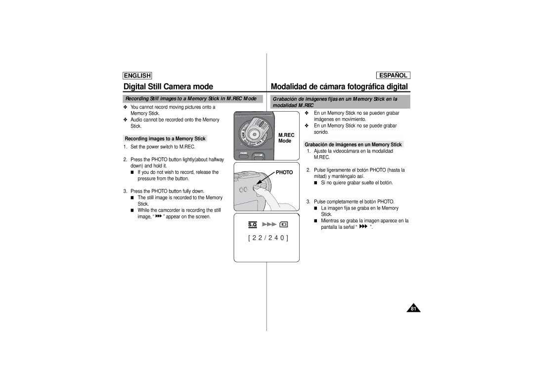 Samsung SCD180 manual Modalidad M.REC, You cannot record moving pictures onto a, Recording images to a Memory Stick 