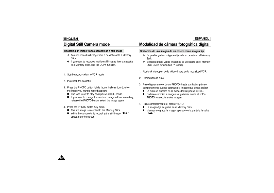 Samsung SCD180 manual You can record still image from a cassette onto a Memory 