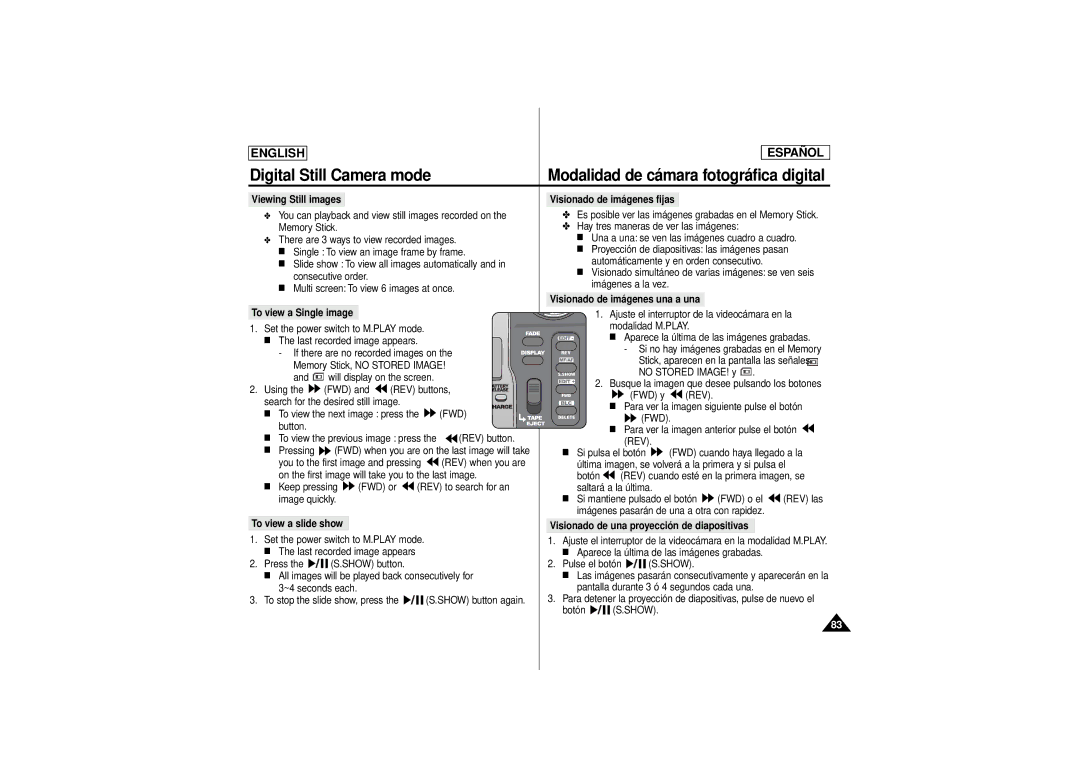 Samsung SCD180 manual Viewing Still images Visionado de imágenes fijas, Visionado de imágenes una a una 