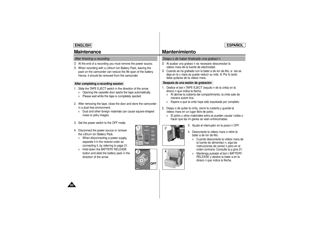 Samsung SCD180 manual Mantenimiento, Maintenance, Off 