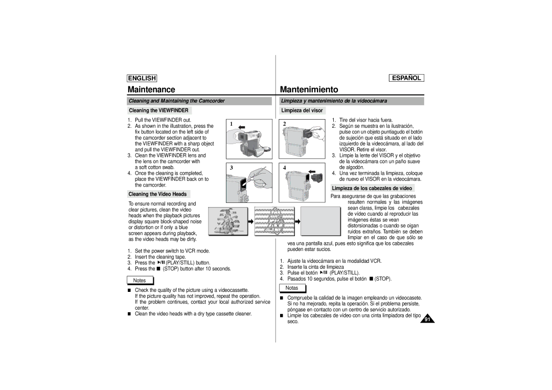 Samsung SCD180 Cleaning the Viewfinder Limpieza del visor, Limpieza de los cabezales de vídeo, Cleaning the Video Heads 