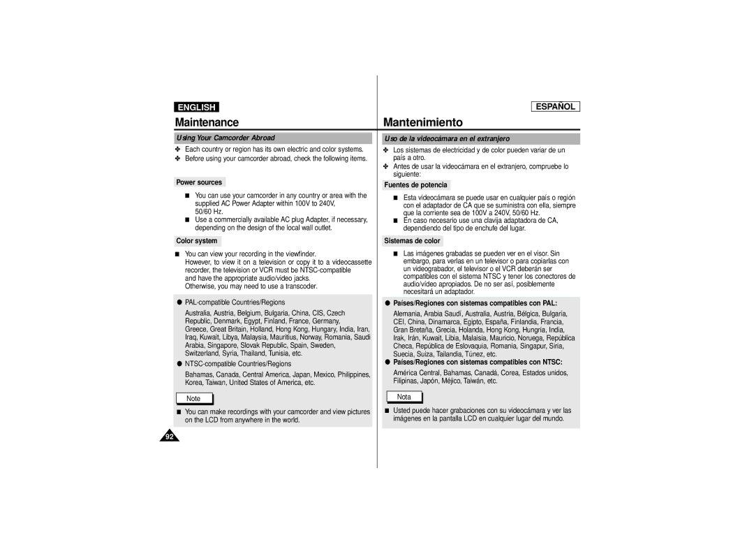 Samsung SCD180 manual Fuentes de potencia, Color system, Países/Regiones con sistemas compatibles con PAL 