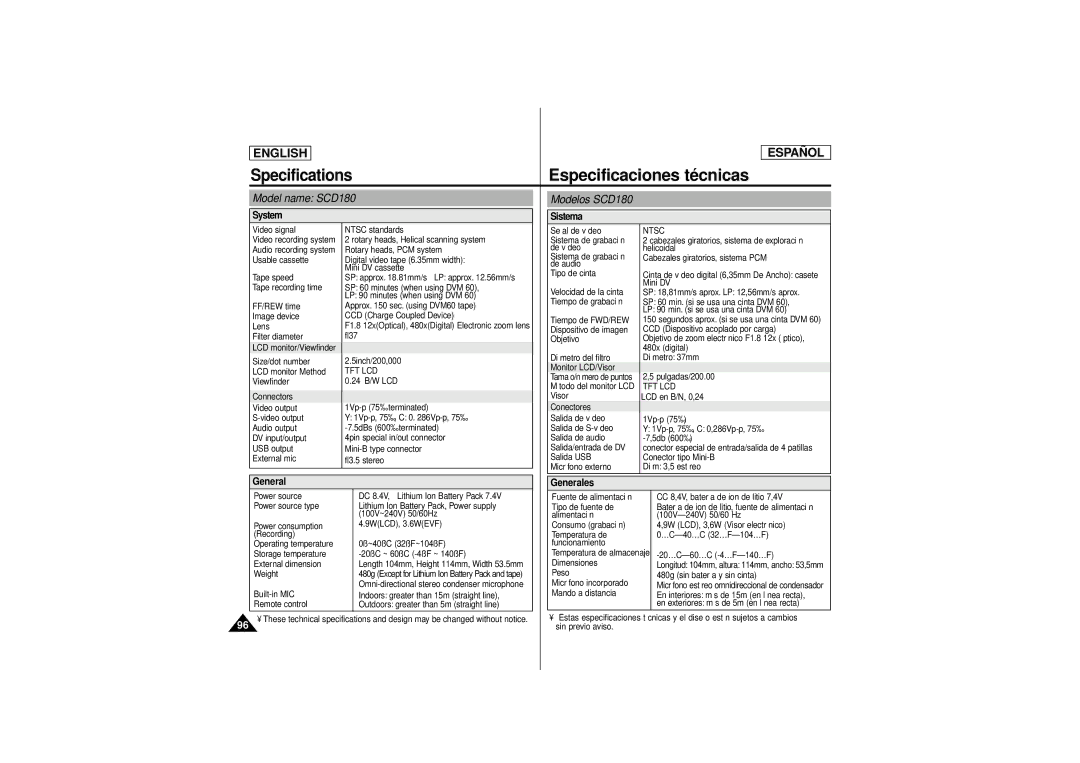 Samsung Especificaciones técnicas, Specifications, Model name SCD180 Modelos SCD180, System Sistema, General Generales 