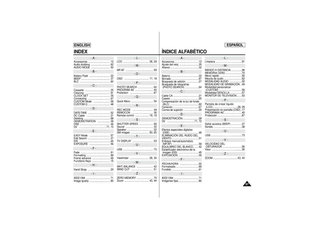 Samsung SCD180 manual Index Índice Alfabético 