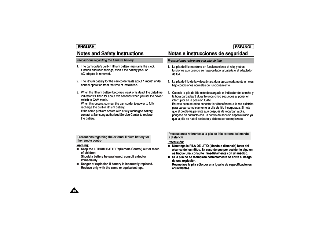 Samsung SCD180 Precautions regarding the Lithium battery, Precauciones referentes a la pila de litio, English, Español 