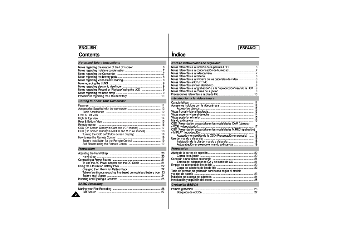 Samsung SCD180 Contents, Índice, Notes and Safety Instructions, Notas e instrucciones de seguridad, Preparation, English 