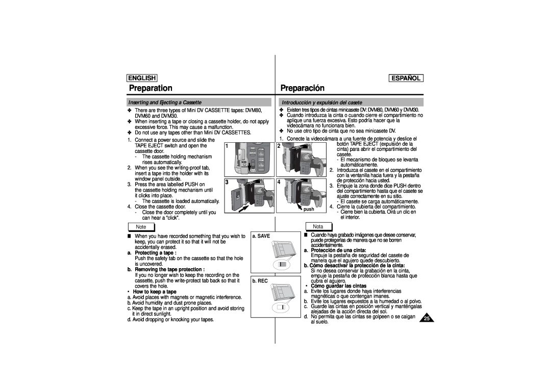 Samsung SCD180 Inserting and Ejecting a Cassette, Introducción y expulsión del casete, Preparation, Preparación, English 
