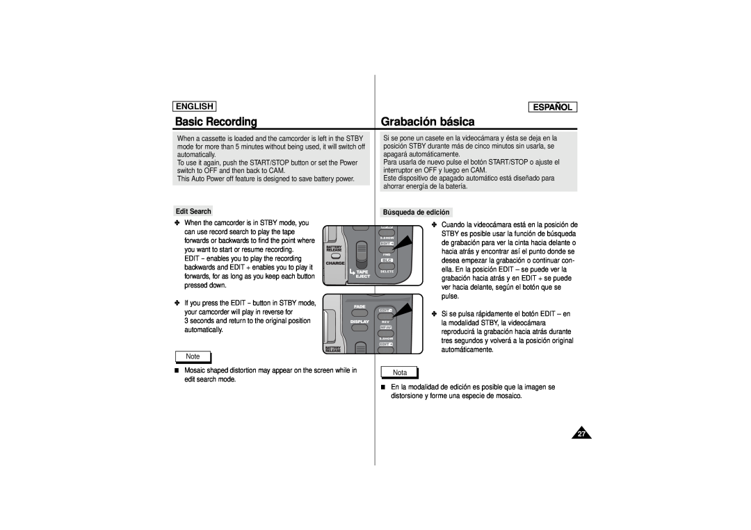 Samsung SCD180 manual Grabación básica, Basic Recording, English, Español, Edit Search, Búsqueda de edición 