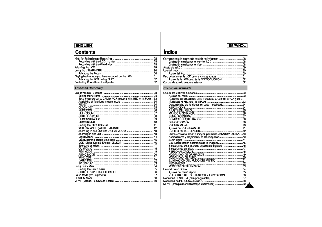Samsung SCD180 manual Advanced Recording, Contents, Índice, English, Español, Grabación avanzada 