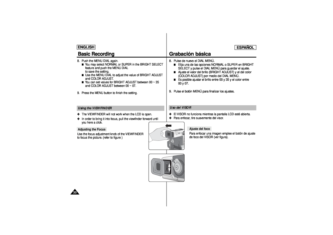 Samsung SCD180 manual Using the VIEWFINDER, Uso del VISOR, Grabación básica, Basic Recording, English, Español 