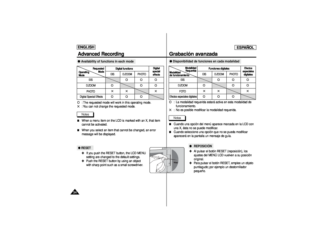 Samsung SCD180 manual Grabación avanzada, Advanced Recording, English, Español, Reset, Reposición 