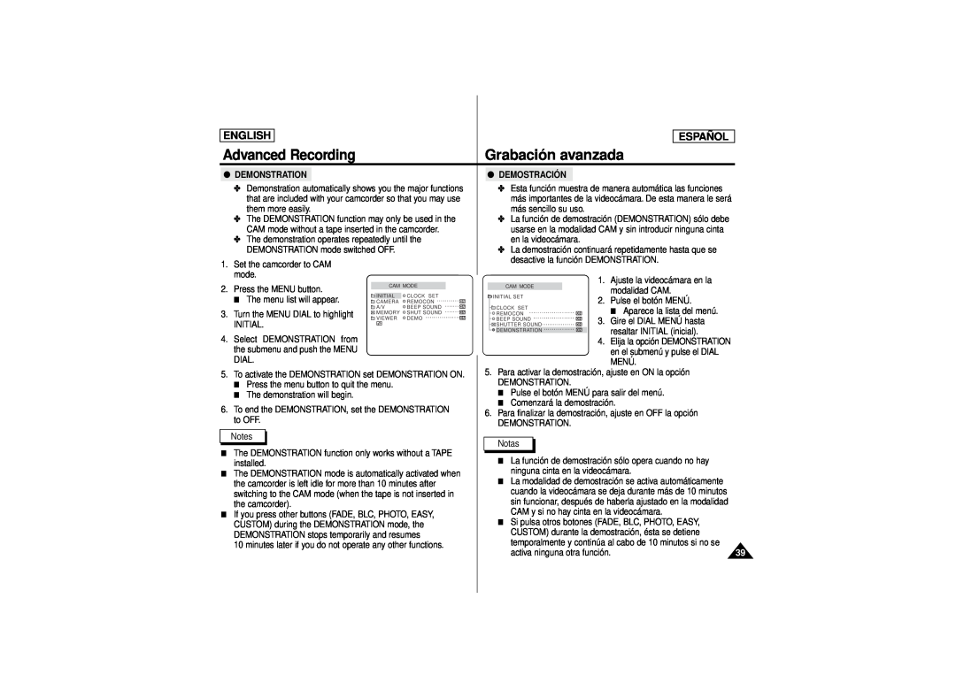 Samsung SCD180 manual Grabación avanzada, Advanced Recording, English, Español, Demonstration, Demostración 