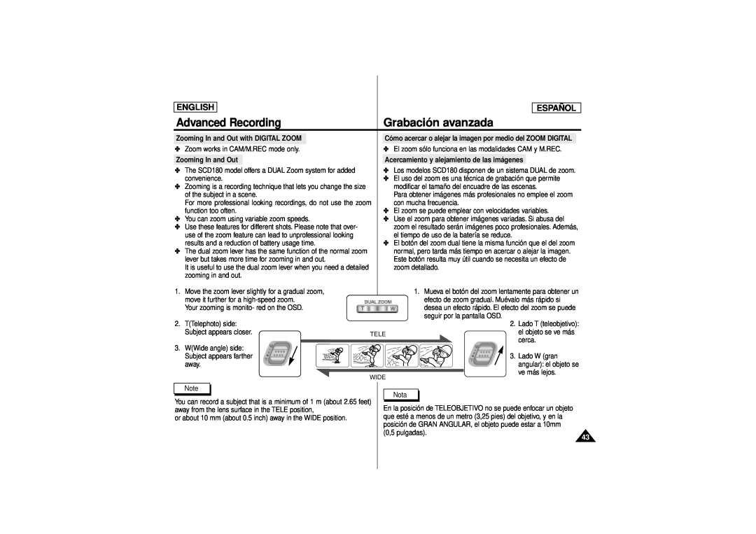 Samsung SCD180 manual Grabación avanzada, Advanced Recording, English, Español, Zooming In and Out with DIGITAL ZOOM 