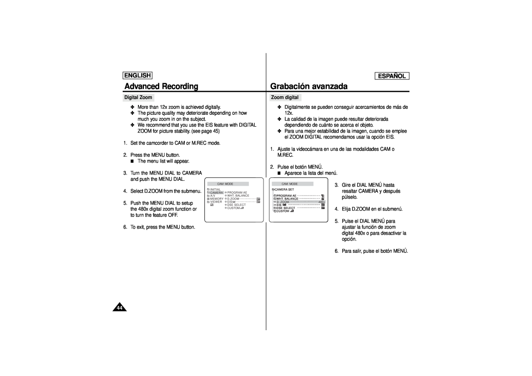 Samsung SCD180 manual Grabación avanzada, Advanced Recording, English, Español, Digital Zoom, Zoom digital 