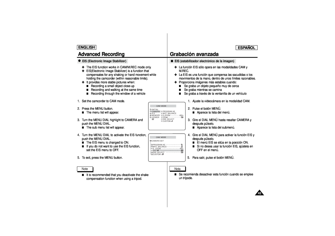 Samsung SCD180 manual Grabación avanzada, Advanced Recording, English, Español, EIS Electronic Image Stabilizer 