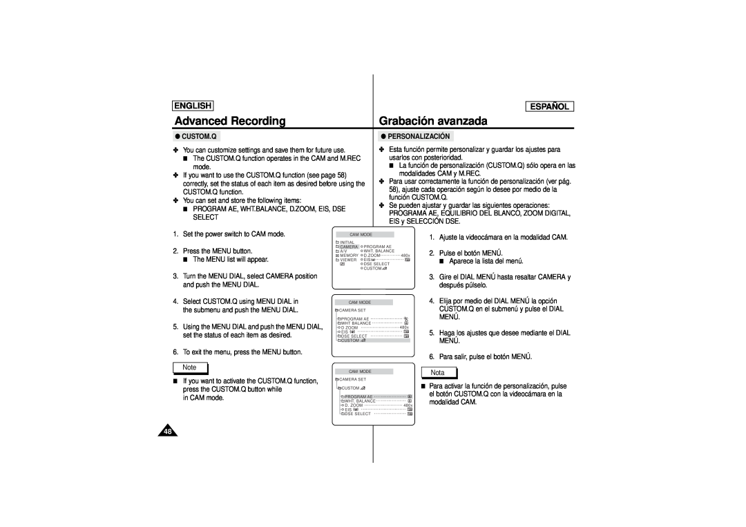Samsung SCD180 manual Advanced Recording, Grabación avanzada, English, Español, Custom.Q, Personalización 