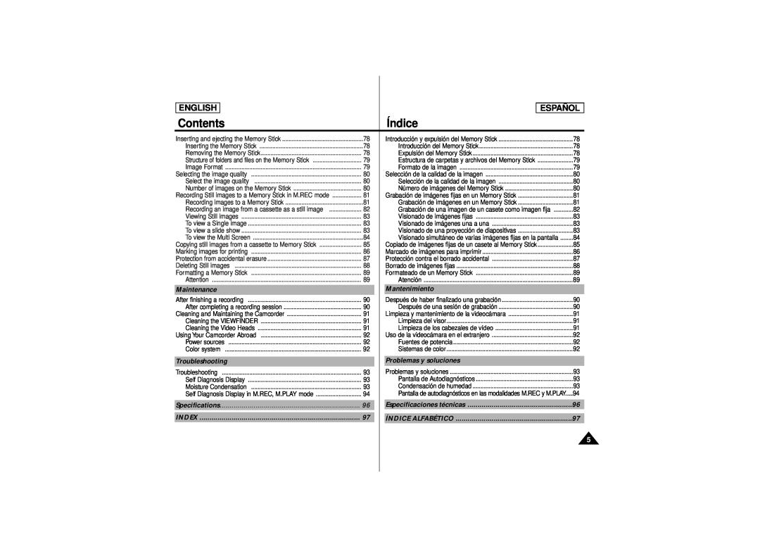 Samsung SCD180 manual Maintenance, Mantenimiento, Troubleshooting, Problemas y soluciones, Index, Contents, Índice, English 