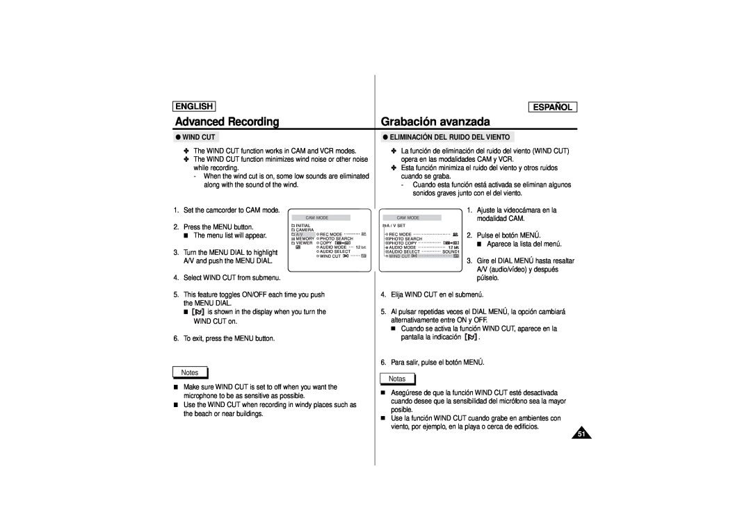 Samsung SCD180 manual Grabación avanzada, Advanced Recording, English, Español, Wind Cut, Eliminación Del Ruido Del Viento 