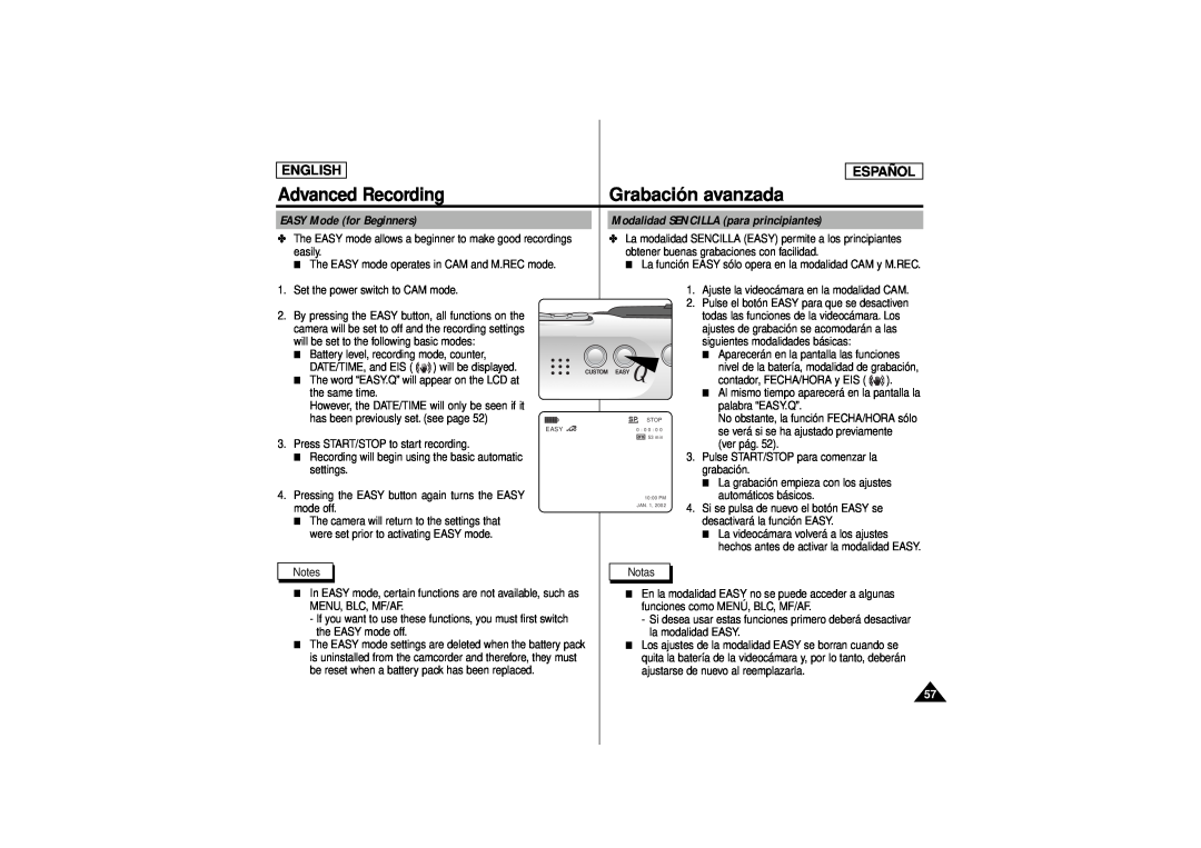 Samsung SCD180 manual Modalidad SENCILLA para principiantes, Grabación avanzada, Advanced Recording, English, Español 