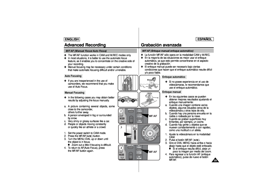 Samsung SCD180 MF/AF Manual Focus/Auto Focus, MF/AF Enfoque manual/enfoque automático, Advanced Recording, English 