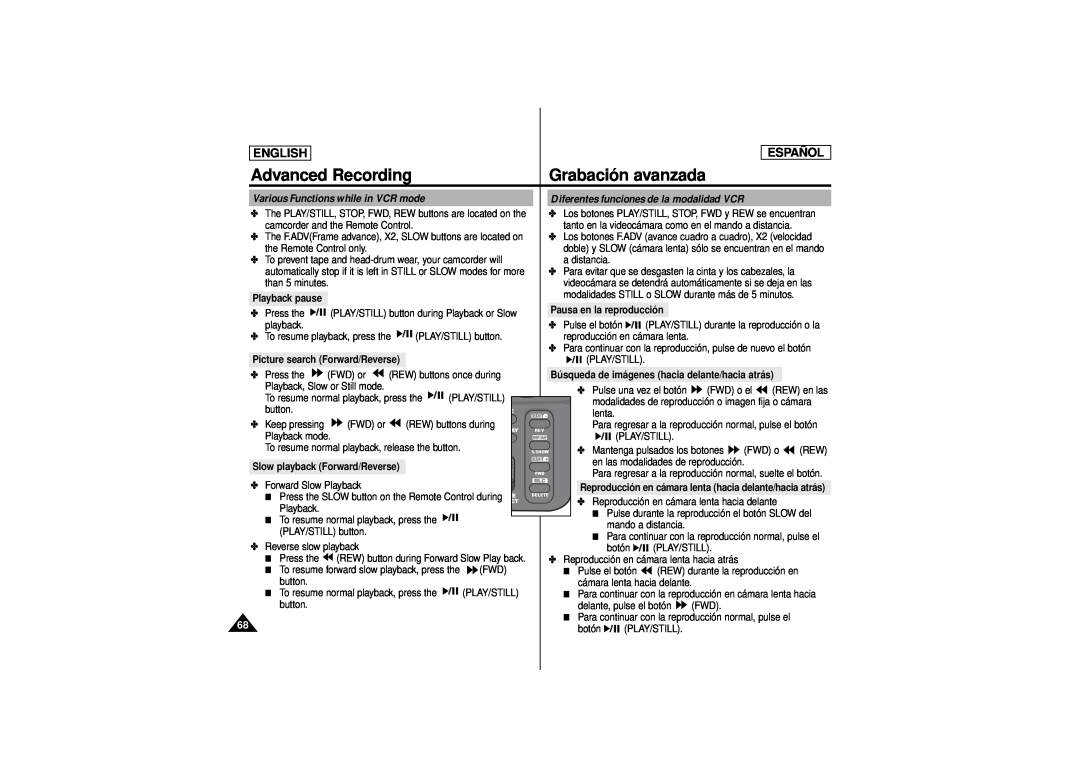 Samsung SCD180 manual Advanced Recording, Grabación avanzada, English, Español, Various Functions while in VCR mode 