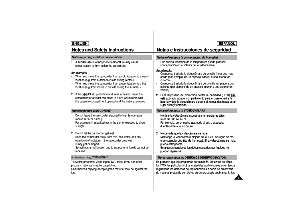 Samsung SCD180 Notes regarding moisture condensation, Notas referentes a la condensación de humedad, English, Español 