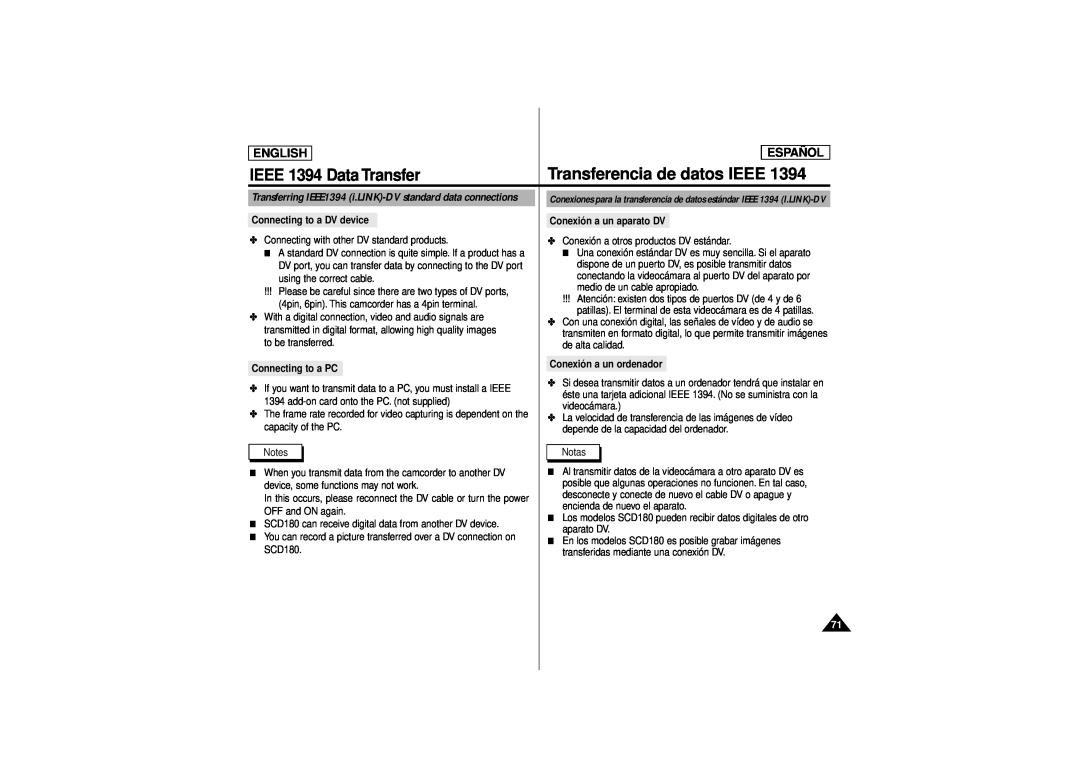 Samsung SCD180 manual Transferencia de datos IEEE, IEEE 1394 Data Transfer, English, Español 