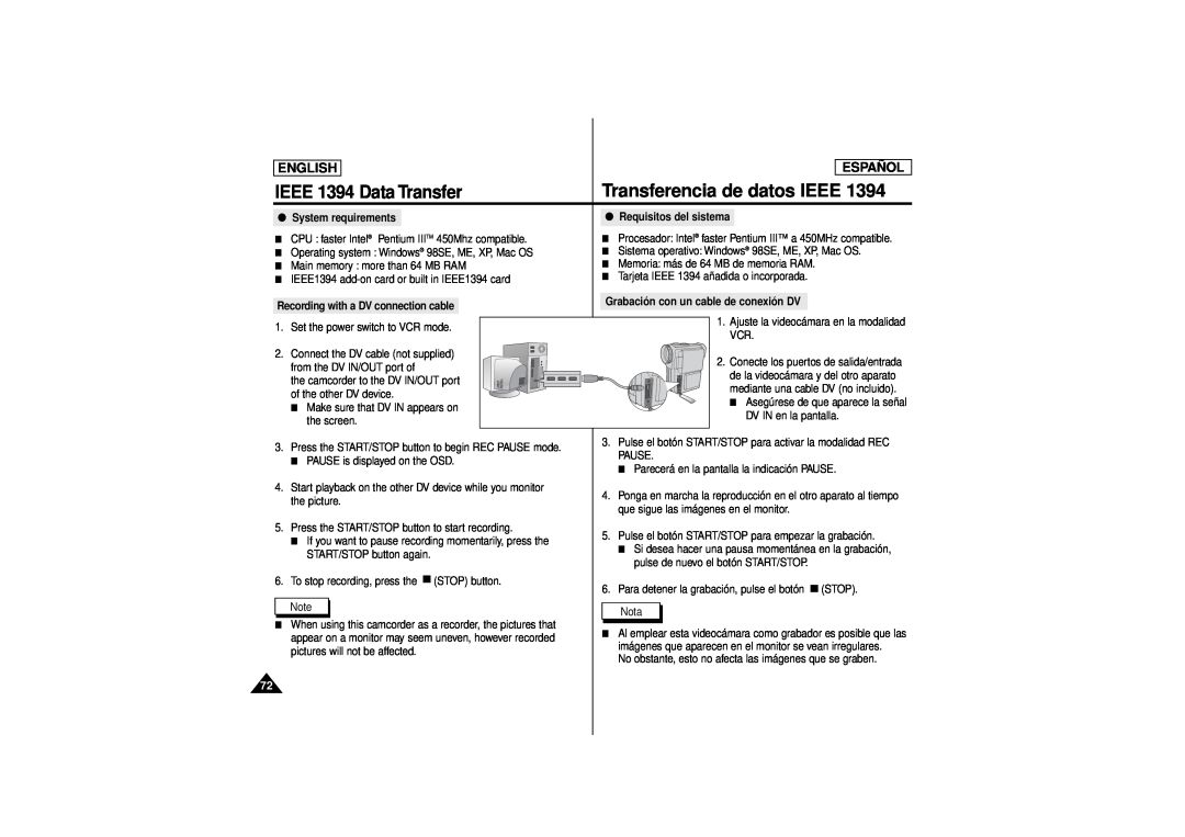 Samsung SCD180 manual Transferencia de datos IEEE, IEEE 1394 Data Transfer, English, Español, System requirements 